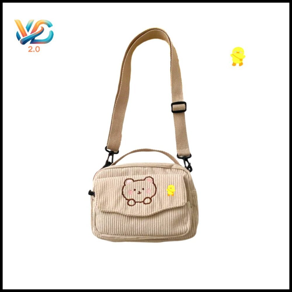 Corduroy Crossbody Bag Mini Satchel Kawaii Cute Cartoon Pattern Adjustable Strap